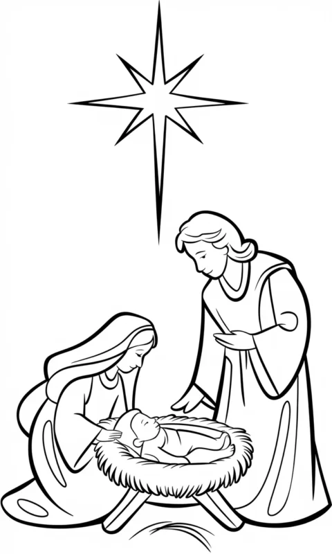 Świąteczna kolorowanka dla dzieci przedstawiająca scenę rodzinną przy żłóbku z gwiazdą betlejemską - kolorowanki religijne