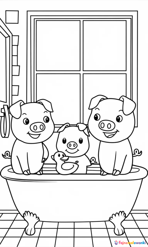 kolorowanka dla dzieci z rodziną świnek w łazience