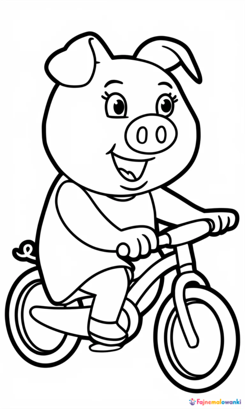 kolorowanka dla dzieci przedstawiająca świnkę na rowerze
