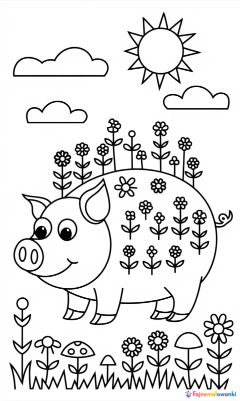 Kolorowanka dla dzieci z wesołą świnką w ogrodzie