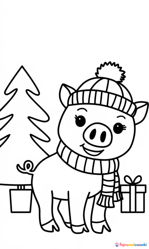kolorowanka świąteczna dla dzieci przedstawiająca świnkę w zimowej czapce przy choince - kolorowanki świnka peppa