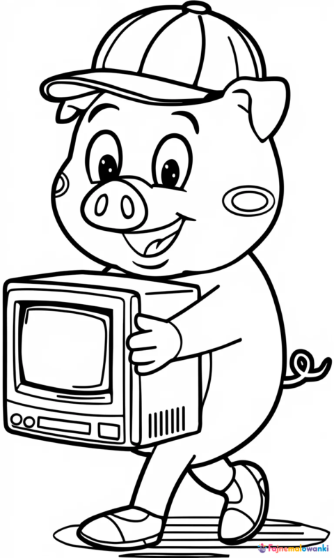 kolorowanka dla dzieci przedstawiająca świnkę z komputerem