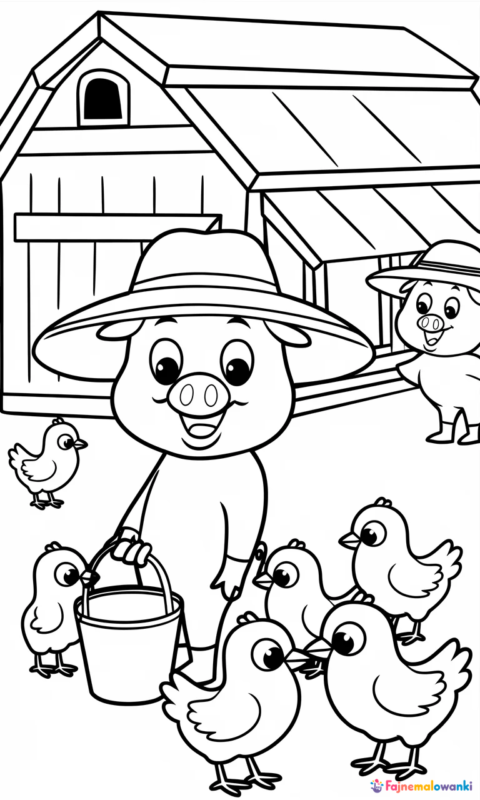 kolorowanka dla dzieci przedstawiająca świnkę karmiącą kurczaczki na farmie