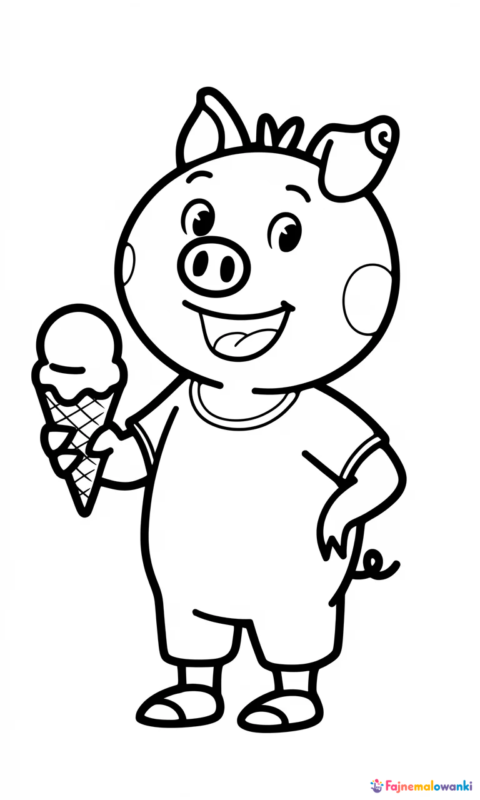 kolorowanka dla dzieci przedstawiająca świnkę z lodami w rożku