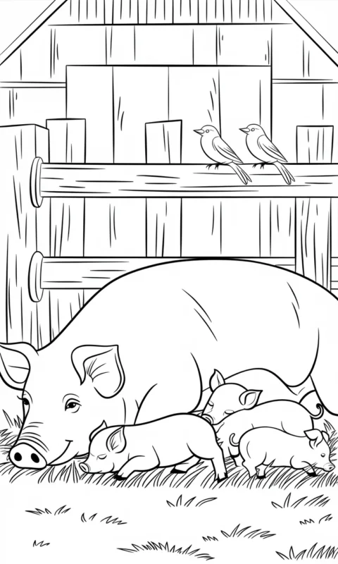kolorowanka dla dzieci przedstawiająca mamę świnkę z prosiaczkami w zagrodzie