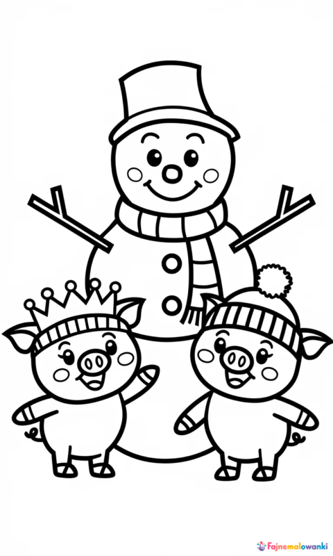 kolorowanka dla dzieci z zimową sceną - śmieszne świnki lepiące bałwana