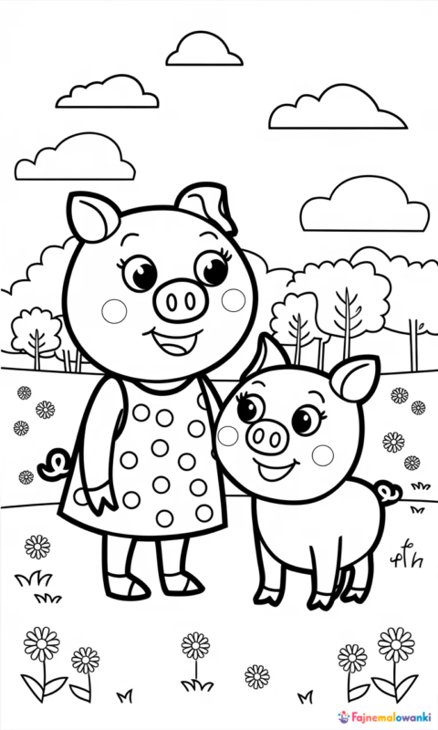 kolorowanka dla dzieci przedstawiająca dwa świnki na łące z kwiatkami