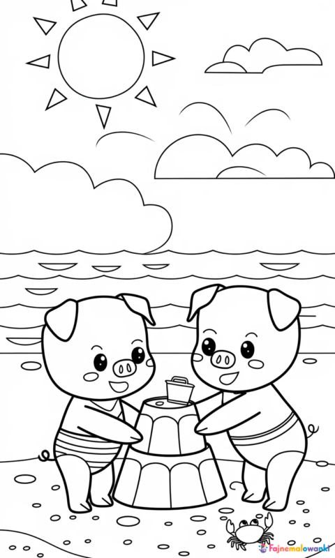 kolorowanka dla dzieci przedstawiająca świnki na plaży budujące zamek z piasku