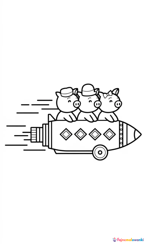 kolorowanka dla dzieci przedstawiająca trzy świnki lecące rakietą w kosmiczną podróż