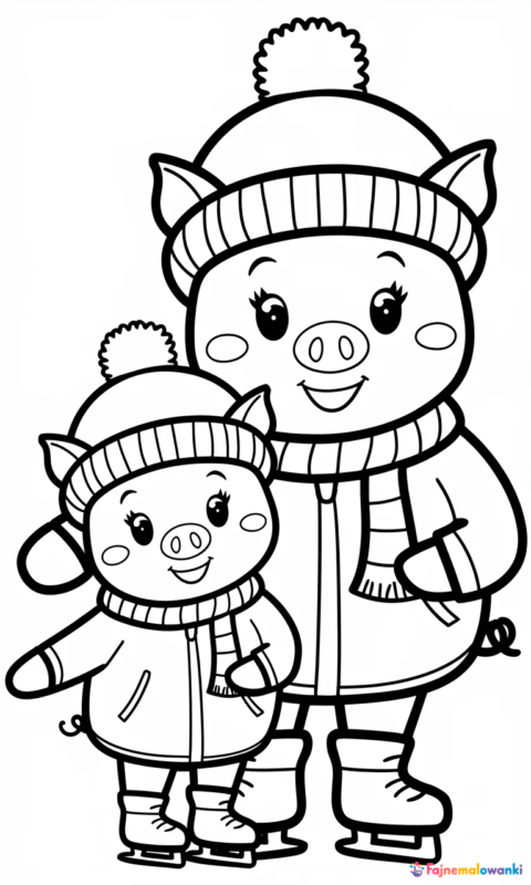kolorowanka dla dzieci z dwoma świnkami w zimowych ubraniach na łyżwach