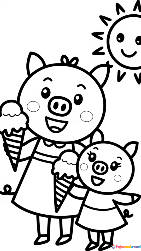 Kolorowanka Świnka Peppa i George jedzą lody na plaży