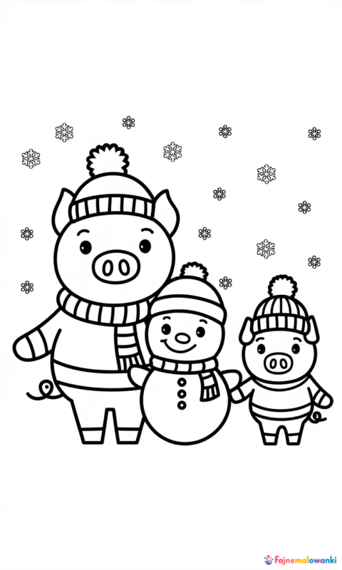 kolorowanka dla dzieci z uroczymi świnkami w zimowych ubraniach oraz bałwankiem do pokolorowania - kolorowanki świnka peppa