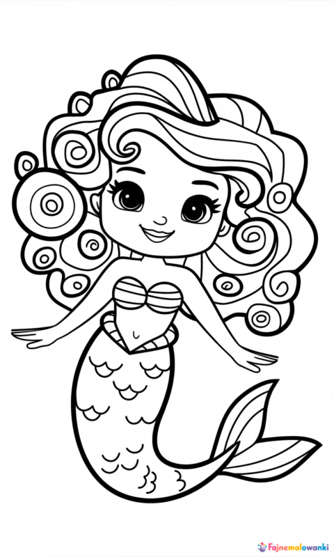 kolorowanka syrenka z kręconymi włosami dla dzieci