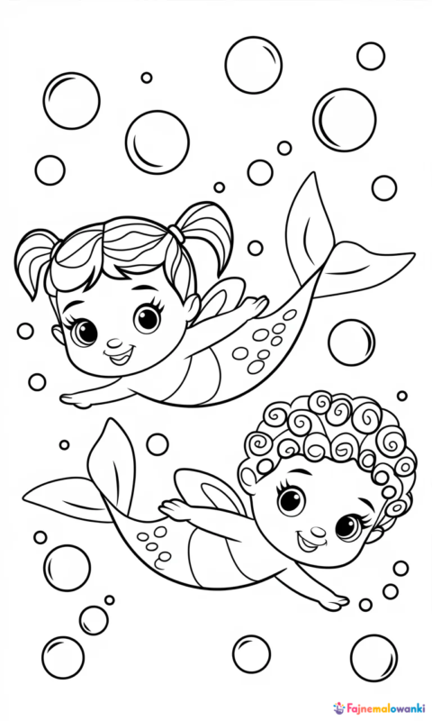 kolorowanka dla dzieci przedstawiająca dwie małe syrenki pływające w morzu wśród bąbelków
