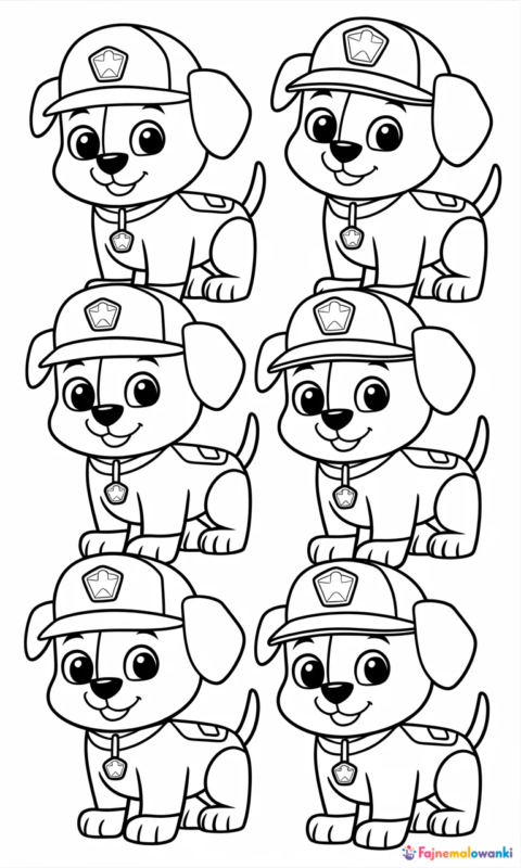Kolorowanka dla dzieci przedstawiająca grupę szczeniaczków ratowników w uniformach