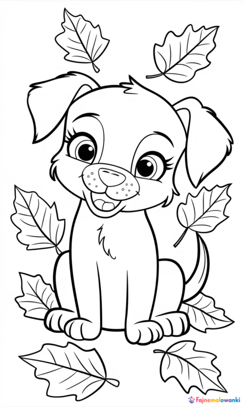 Kolorowanka dla dzieci przedstawiająca słodkiego szczeniaczka siedzącego wśród jesiennych liści do wydruku - kolorowanki z psami swietujmy razem miedzynarodowy dzien psa