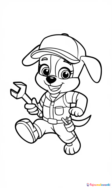 kolorowanka dla dzieci przedstawiająca szczeniaka mechanika z narzędziami do pokolorowania - kolorowanki psi patrol