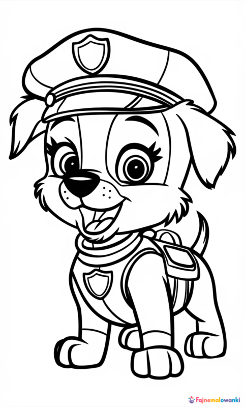 kolorowanka dla dzieci przedstawiająca szczeniaka w stroju policjanta