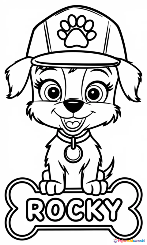 kolorowanka dla dzieci z uśmiechniętym szczeniakiem w czapce ratownika