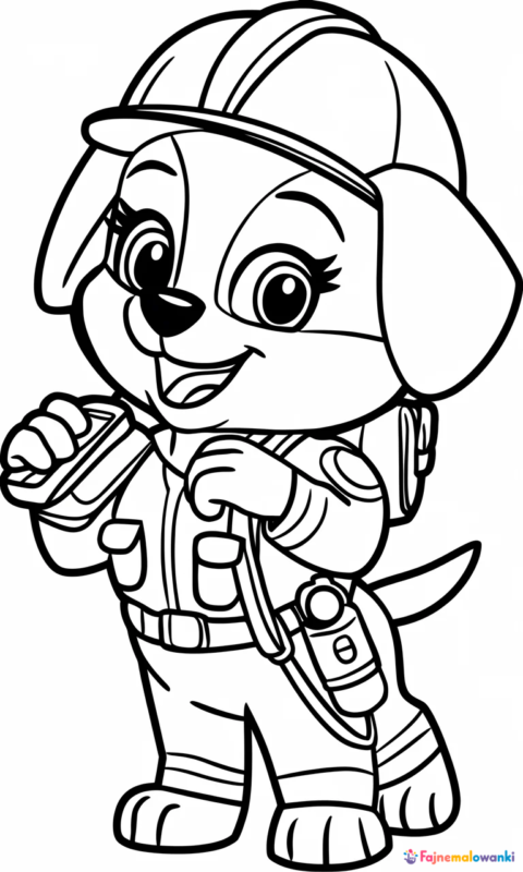 kolorowanka dla dzieci przedstawiająca wesołego szczeniaka w stroju ratownika z latarką do pokolorowania - kolorowanki psi patrol