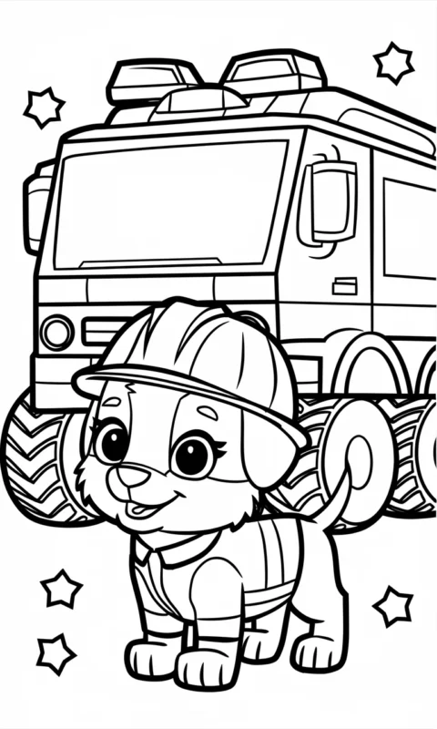 kolorowanka dla dzieci z uroczym szczeniakiem w stroju ratownika i pojazdem terenowym do pokolorowania - kolorowanki psi patrol