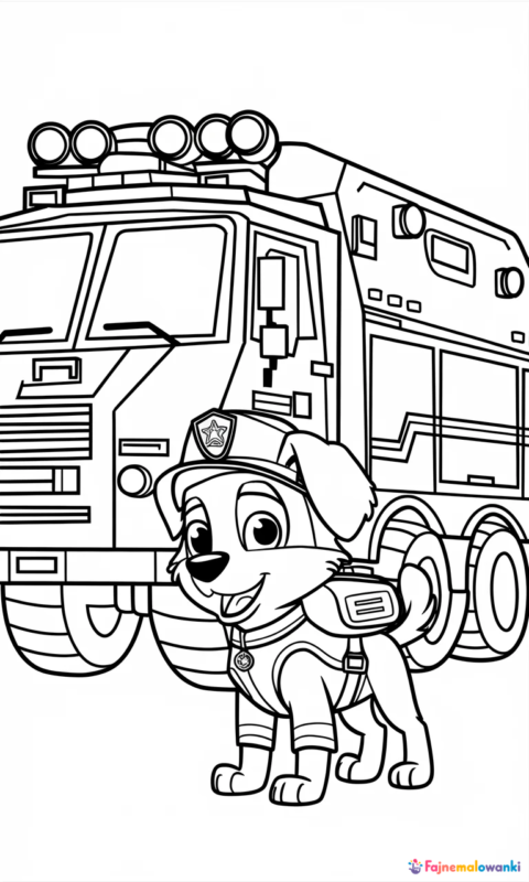 kolorowanka dla dzieci przedstawiająca szczeniaka ratownika obok wozu strażackiego
