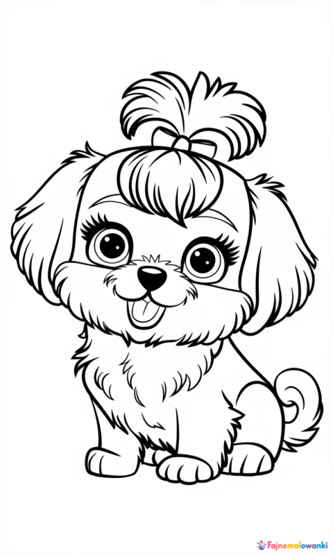 Kolorowanka dla dzieci przedstawiająca uroczego szczeniaka z kokardką