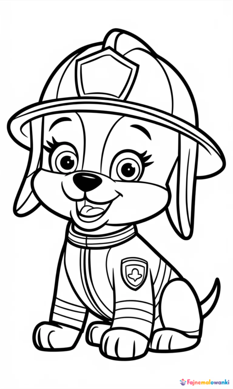 kolorowanka dla dzieci przedstawiająca szczeniaka strażaka w hełmie i mundurze do pokolorowania - kolorowanki psi patrol