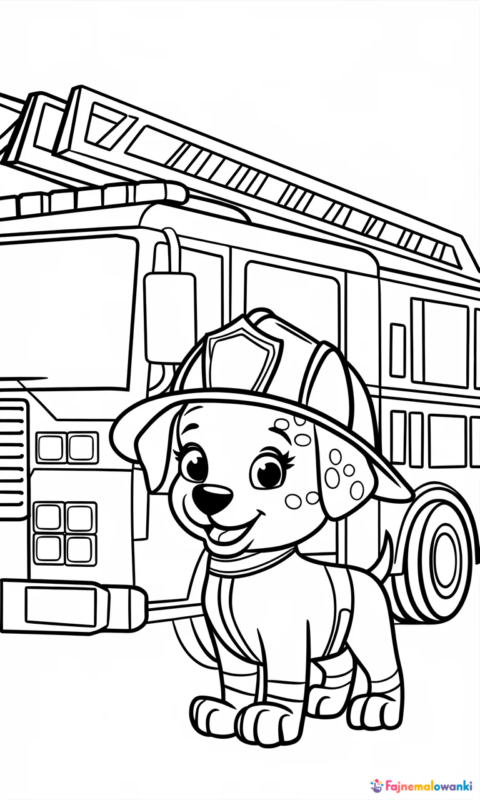 Kolorowanka dla dzieci przedstawiająca szczeniaka strażaka obok wozu strażackiego
