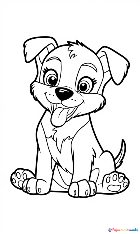 Kolorowanka dla dzieci przedstawiająca uroczego szczeniaka z wystawionym językiem do pokolorowania - kolorowanki z psami swietujmy razem miedzynarodowy dzien psa