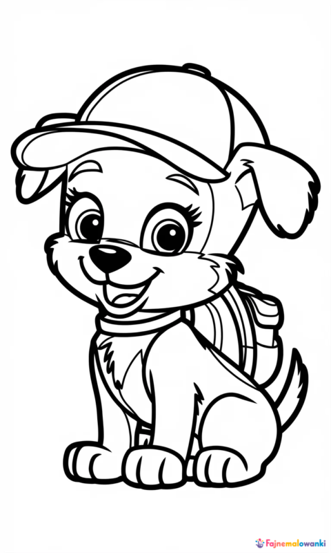 kolorowanka dla dzieci przedstawiająca uroczego szczeniaka w czapce i plecaku