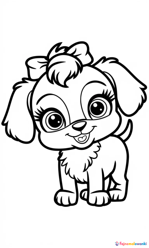 Kolorowanka dla dzieci przedstawiająca uroczego szczeniaczka z kokardką