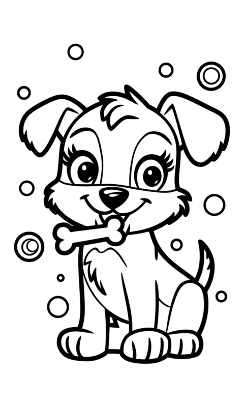 kolorowanka dla dzieci przedstawiająca uroczego szczeniaczka z kostką w pyszczku