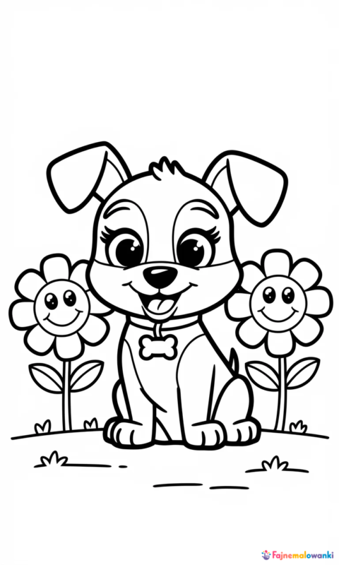 Kolorowanka dla dzieci przedstawiająca uroczego szczeniaka z wystawionym językiem siedzącego między uśmiechniętymi kwiatkami - kolorowanki z psami swietujmy razem miedzynarodowy dzien psa