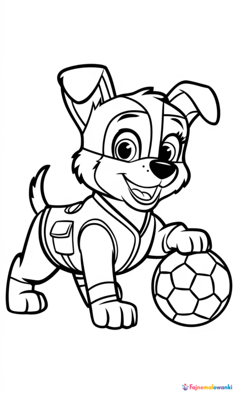 kolorowanka dla dzieci z wesołym szczeniakiem w kamizelce bawiącym się piłką nożną
