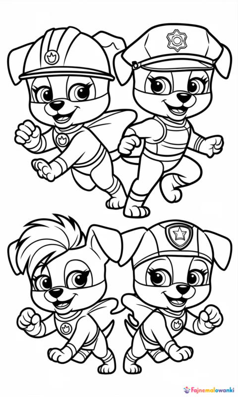 Kolorowanka dla dzieci przedstawiająca cztery szczeniaki w strojach bohaterów do pokolorowania - kolorowanki psi patrol
