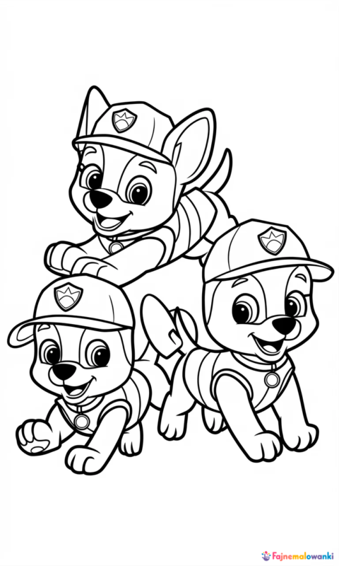 Kolorowanka dla dzieci przedstawiająca dwa szczeniaki w strojach ratowników skaczące w powietrzu