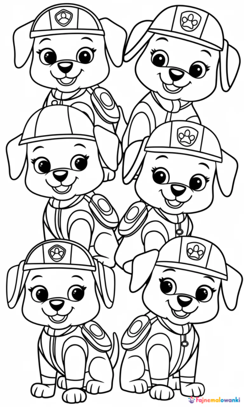 Kolorowanka dla dzieci przedstawiająca grupę szczeniąt w strojach ratowników