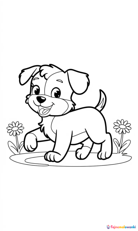 Kolorowanka dla dzieci przedstawiająca wesołego szczeniaczka bawiącego się na łące z kwiatkami - kolorowanki z psami swietujmy razem miedzynarodowy dzien psa