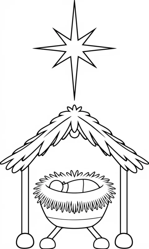 Kolorowanka dla dzieci przedstawiająca szopkę bożonarodzeniową ze żłóbkiem i gwiazdą betlejemską - kolorowanki religijne