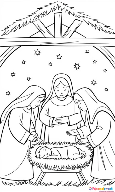 Kolorowanka bożonarodzeniowa dla dzieci przedstawiająca scenę w stajence do wydruku i pokolorowania - kolorowanki religijne