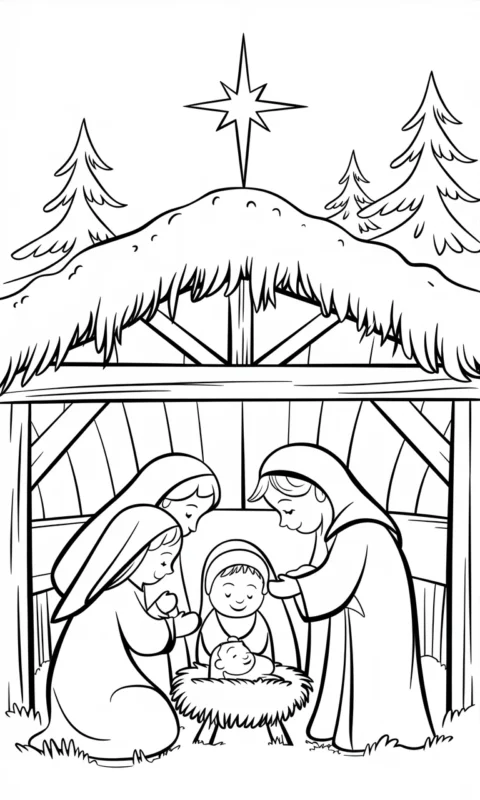 kolorowanka świąteczna dla dzieci przedstawiająca szopkę bożonarodzeniową ze żłóbkiem do pokolorowania - kolorowanki świąteczne