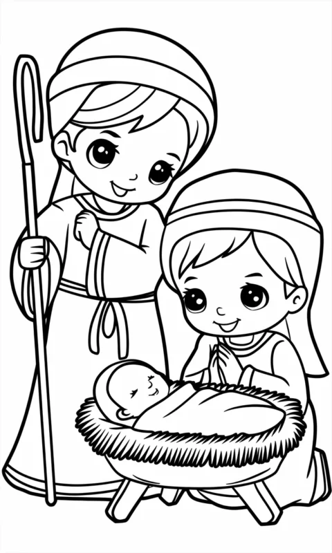 Kolorowanka świąteczna dla dzieci przedstawiająca scenę z szopki bożonarodzeniowej z małymi pastuszkami - kolorowanki religijne