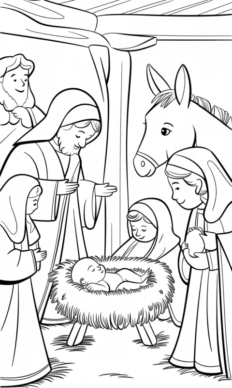 kolorowanka świąteczna dla dzieci przedstawiająca scenę w stajence z dzieciątkiem w żłóbku