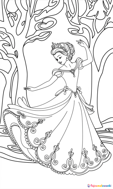 kolorowanka dla dzieci z tańczącą księżniczką w lesie
