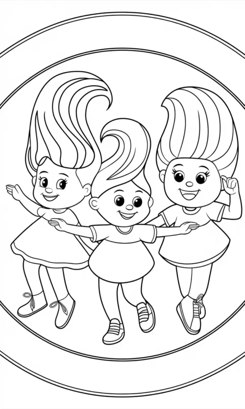 kolorowanka dla dzieci przedstawiająca trzy tańczące postaci z wysokimi fryzurami