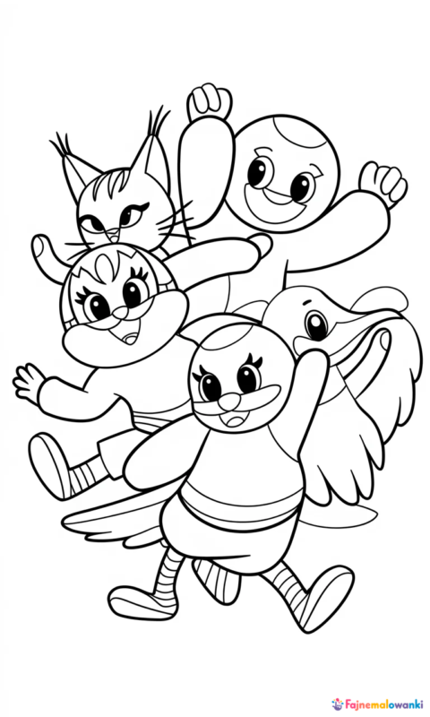 kolorowanka dla dzieci z tańczącymi postaciami - kotem