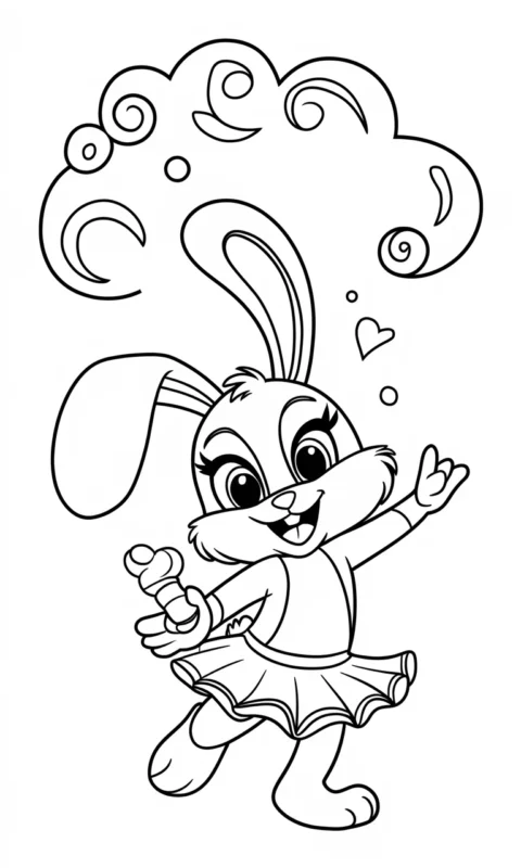 Kolorowanka dla dzieci przedstawiająca tańczącego króliczka w spódniczce