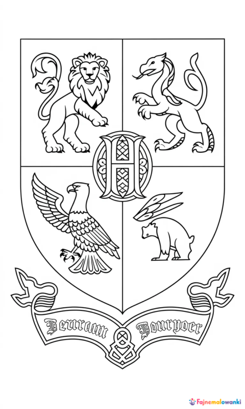 kolorowanka dla dzieci przedstawiająca tarczę herbową ze zwierzętami i ozdobnym napisem do pokolorowania - kolorowanki harry potter
