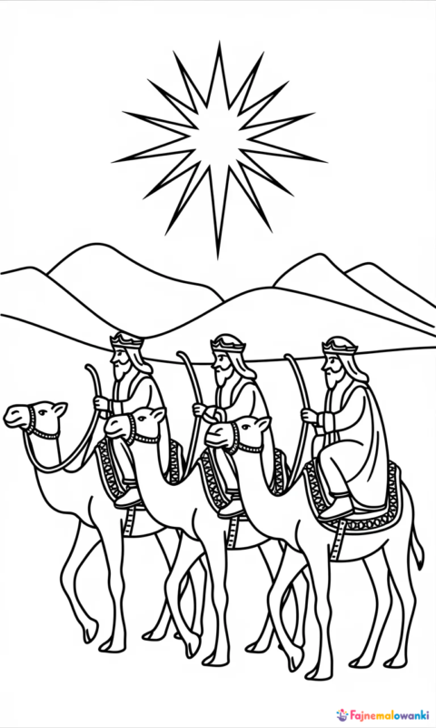 kolorowanka trzech króli na wielbłądach podążających za gwiazdą